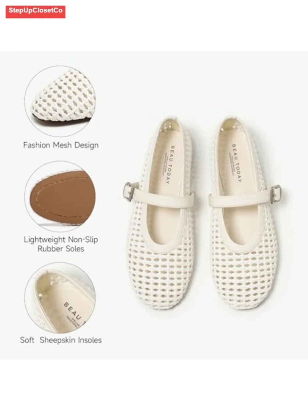 Woven Mesh Mary Jane Flats Genuine Leather Sheepskin Lined Ballet Flats